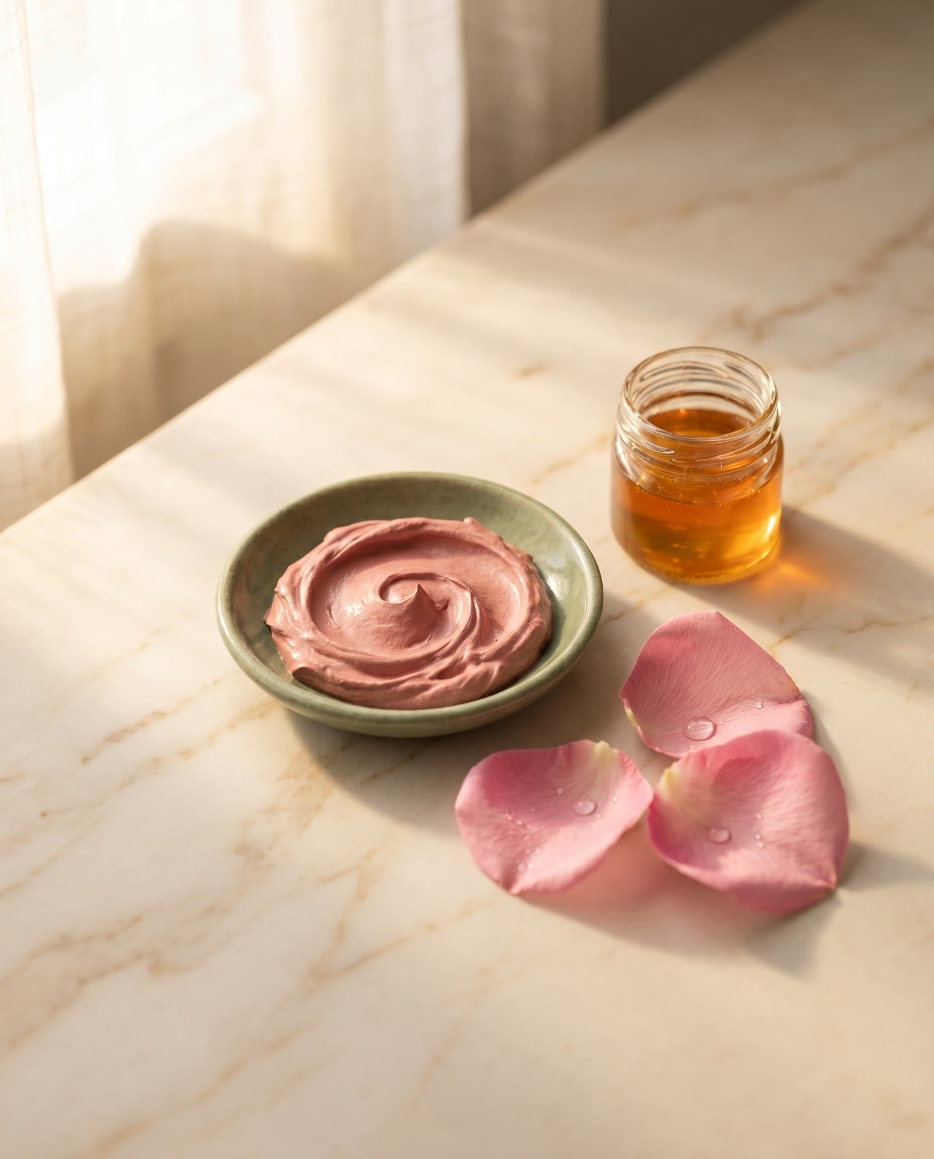 Salondan detay — el yapımı seramik kase, gül yaprakları ve bal kavanozu