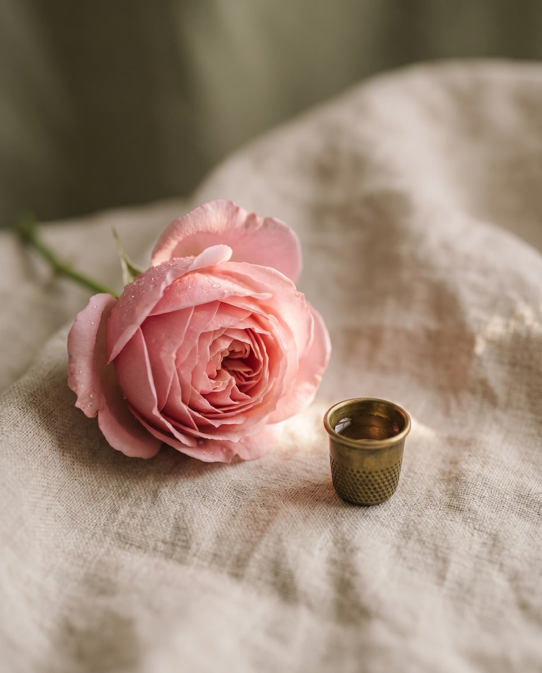 Keten üstüne bırakılmış tek bir pembe bahçe gülü — salonun sessiz anları