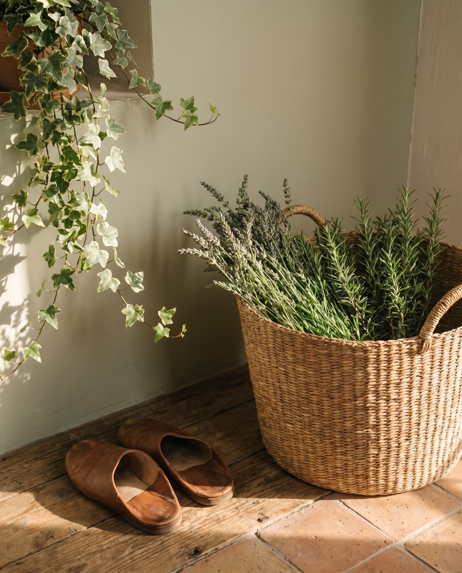 Salonun köşesi — rattan sepet içinde lavanta, sarmaşık ve keten perde