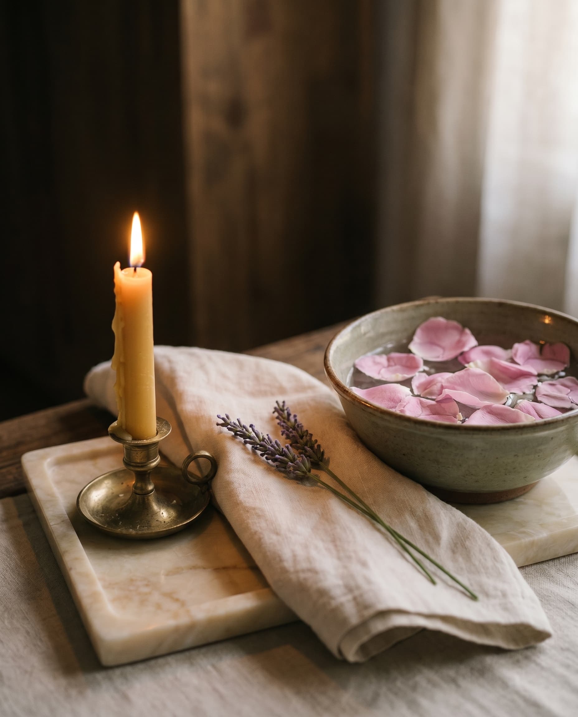 Ritüel — seramik tas, taze çiçek ve doğal ışığın sıcak atmosferi